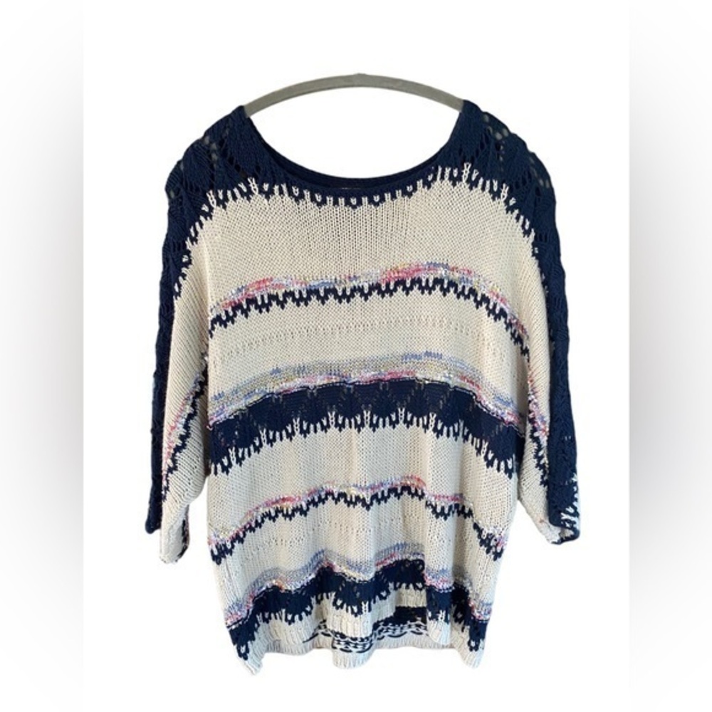 Lauren Michelle women’s boho light weight cream and navy crotchet knit sweater L